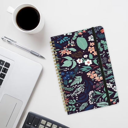 Spiral Notebook - A5 Spiral Notebooks, 8.3'' × 5.8'', 160 Pages, Aesthetic Journaling Notebooks for Women, College Lined Notebook with Elastic Closure, Back Pocket, for School Office, Leaves Black