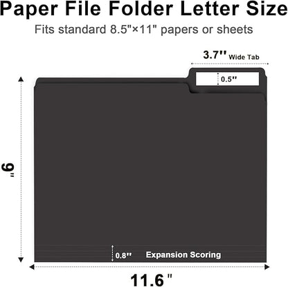 File Folder, RAZCC 150 Pack 1/3 Cut Tab File Folders Letter Size, Black Folders for Dcouments, Folders with Tab Great for Organizing and Easy File Storage