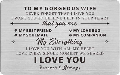 Resdink To My Gorgeous Wife Gifts, Engraved Wallet Cards for wife, Love Gifts for Wife, Anniversary Present Card for Wife Her, I Love You With All My Heart, Wife Gift from Husband