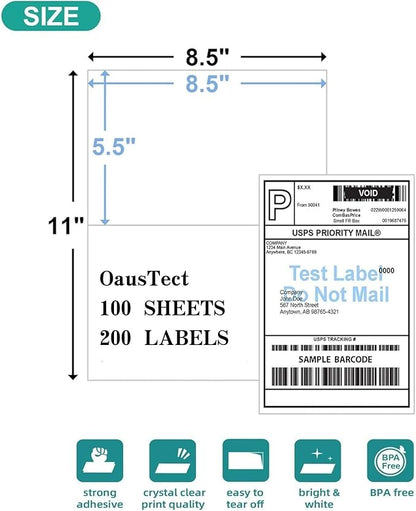 Half Sheet Shipping Labels Half Page Label Address Mailing Postage Labels, Laser & Inkjet Printer Compatible, 5126/8126 (100 Sheets, 200 Labels)