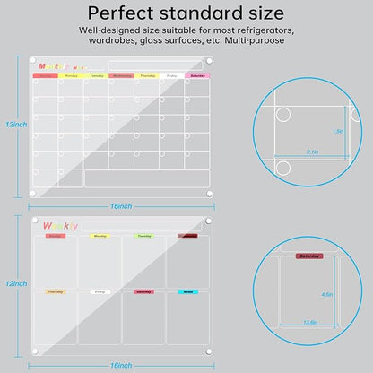 Fridge Calendar Meal Planning Board, Dry Erase Acrylic Magnetic Monthly Weekly Calendar Planner for Refrigerator with 6 Colors Markers (Transparent-Weekly+Monthly(15.7x11.8"))