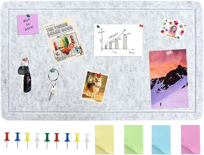 Vuzvuv Grey 28"x16" Large Cork Board with 50 Push Pins & Sticky Notes, Self-Adhesive Bulletin Board No Damage for Wall, Felt Pin B1oard for Paste Notes, Photos, Schedules Offices Home