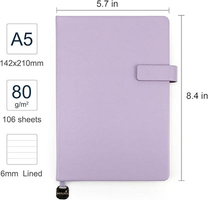 A5 Hard Cover Notebook with Pen Holder, Gold Edges & 180° Lay Flat - Large 5x8.25 Lined, Bookmark, Gift Box - Durable Journal for Office, Study, Travel - Writers, Students (Light Purple)