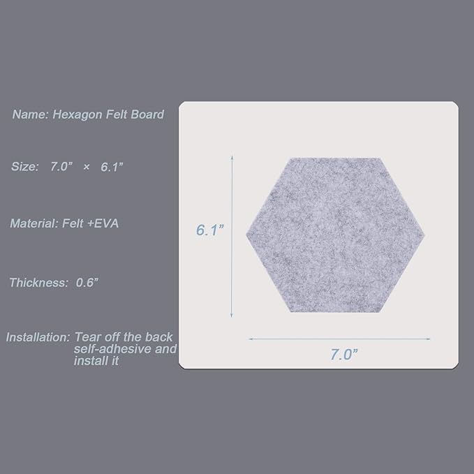 LAJAR 8 Pcs Hexagon Felt Bulletin Board Tiles, Self Adhesive Felt Pin Board Wall Tiles for Photos, Pictures, Memos (Gray)