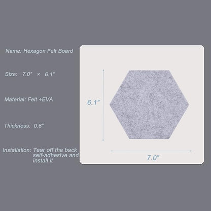 LAJAR 8 Pcs Hexagon Felt Bulletin Board Tiles, Self Adhesive Felt Pin Board Wall Tiles for Photos, Pictures, Memos (Gray)