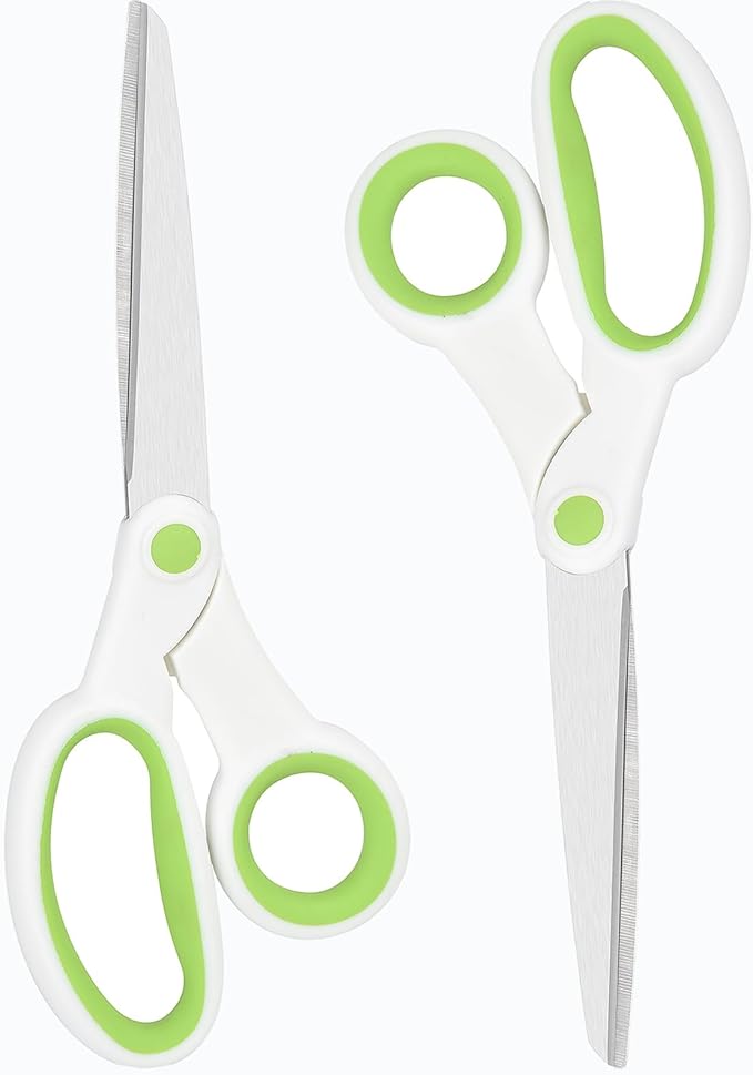 Left Handed Scissors for Adults Student Kids, 8" Heavy Duty Stainless Steel Lefty Scissors for Office, Home, Arts and Crafts, Green and White (2 Pack)
