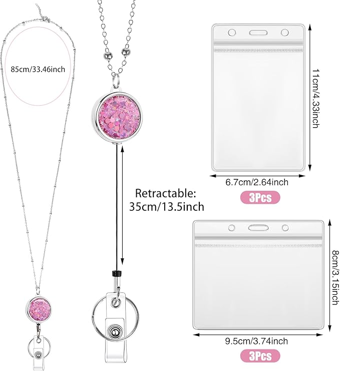 3 Pack Women Lanyards for Id Badges with 6 Pcs Id Badge Holder for Women Cruise Lanyards Stainless Steel Glitter Teacher Lanyards Necklace for Badge Holder Cruise Ship Cards