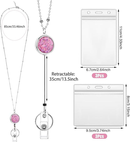 3 Pack Women Lanyards for Id Badges with 6 Pcs Id Badge Holder for Women Cruise Lanyards Stainless Steel Glitter Teacher Lanyards Necklace for Badge Holder Cruise Ship Cards