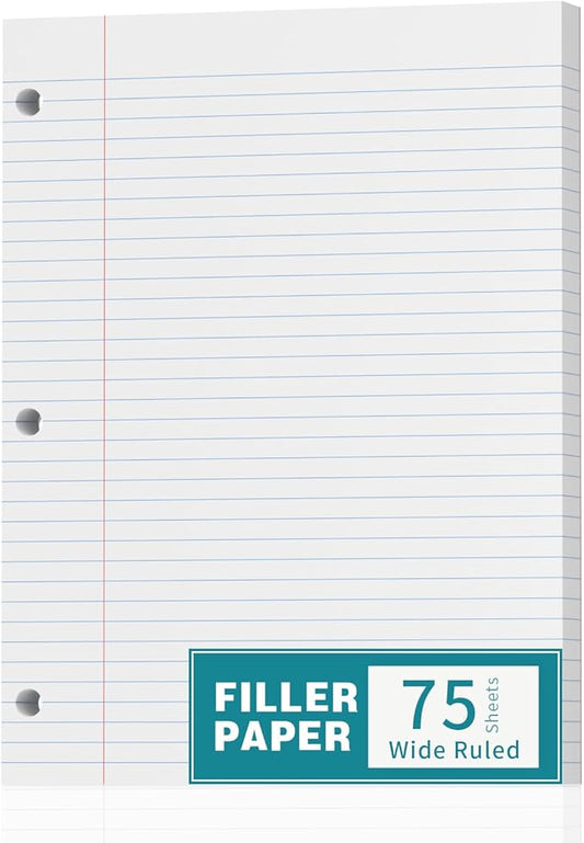 Loose Leaf Paper, 75 Sheets, Filler Paper 8.5 x 11, 3 Hole Pouched, Standard, Wide Ruled Loose Leaf Notebook Paper 8.5 x 11 Inch for Binder, A4 Loose Leaf Filler Paper for Work School Student, White