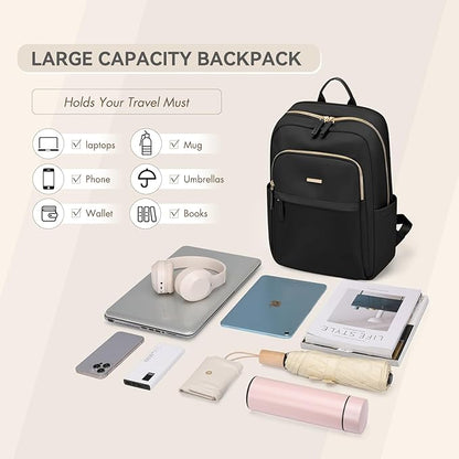 Laptop Backpack for Women Travel Work Commute Casual Daypack Backpack Purse Computer Bags Fit 16 Inch Notebook (Black)