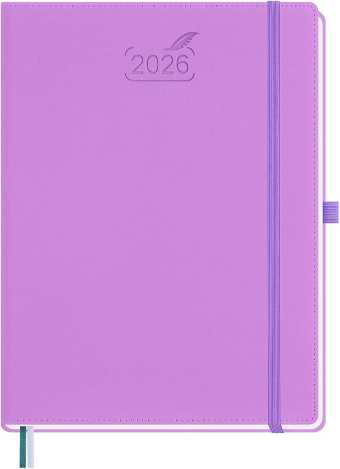 BEZEND 2026 Planner Weekly and Monthly (8.5" x 11") Daily Calendar with Half-Hourly Timeslots & Tab (Jan-Dec) Note & Expenses, Pen Holder, Inner Pocket, Vegan Leather Hardcover - Lavender