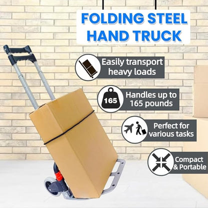 Folding Hand Truck with 2 Silent TPR Wheels, 165lbs Capacity Lightweight Portable Folding Dolly Multi-fuctional Foldable Hand Cart Heavy Duty Utility Cart for Home Office and Travel Use