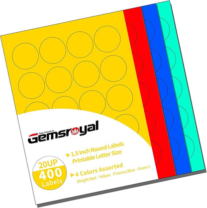 1.5 Inch Colored Round Labels,4 Colors Assorted(Red,Yellow,Blue,Green),20 Sheets,400 Tags in Total,Color Coding Labels for Laser/Inkjet Printers,1.5" Colorful Dot Stickers,Letter Size