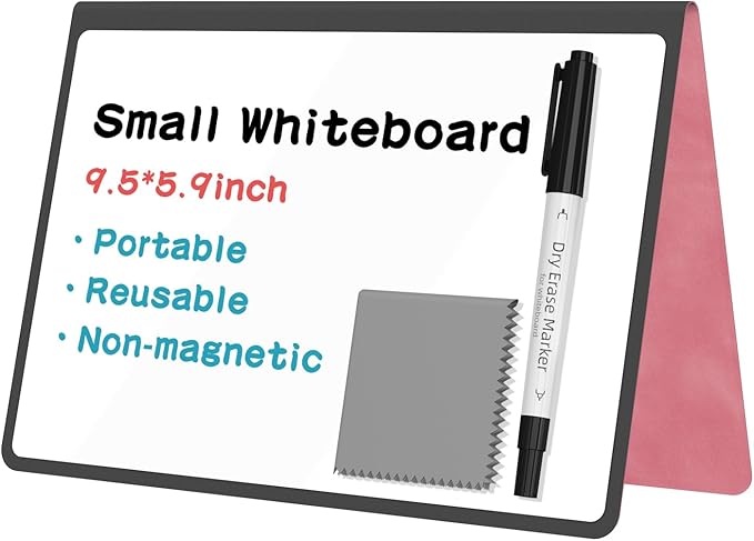 Portable Dry Erase Board,Reusable Whiteboard Notebook, Double-Sided White Board PU Cover 9.5"x6.6" with Marker,Wipe Cloth (Pink)