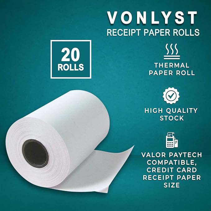 Receipt Paper Roll for Valor Paytech VL 110 and VL 500 Credit Card Machine (20 Rolls)