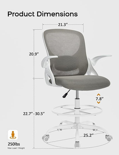 Drafting Chair Tall Office Chair with Flip-up Armrests Ergonomic Computer Standing Desk Chair with Comfy Lumbar Support and Adjustable Footrest Ring for Bar Height Desk(White-Gray)