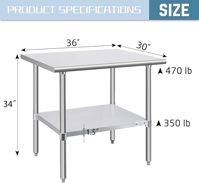 Hally Stainless Steel Table for Prep & Work 30 x 36 Inches, NSF Commercial Heavy Duty Table with Undershelf and Galvanized Legs for Restaurant, Home and Hotel