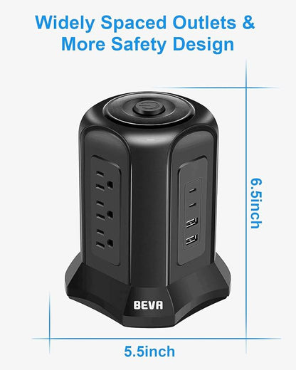 BEVA Tower Surge Protector Power Strip, Desk Charging Station with 9 AC Outlet and 4 USB Ports, 18AWG 6.5 FT Extension Cord, 3-Prong Flat Plug, Multiple Outlets for Office Dorm Apartment Essentials