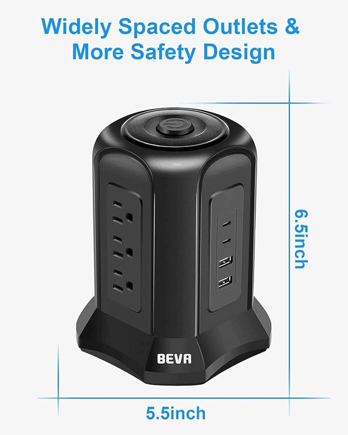BEVA Tower Surge Protector Power Strip, Desk Charging Station with 9 AC Outlet and 4 USB Ports, 18AWG 6.5 FT Extension Cord, 3-Prong Flat Plug, Multiple Outlets for Office Dorm Apartment Essentials