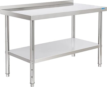 Stainless Steel Table for Prep & Work with Backsplash 24 x 48 Inches NSF Metal Commercial Kitchen Adjustable Under Shelf Worktable for Restaurant Home Outdoor