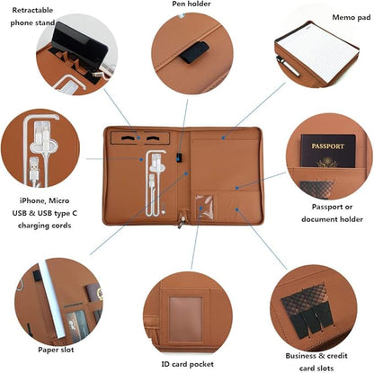 Phone Charging Business & Travel Portfolio w/Built-in Power Bank- Zipper Closure & Refillable Pad- Professional Organizer Padfolio That Charges Phones/Tablets on The Go (Brown)