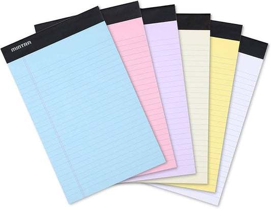 Mintra Office Legal Pads, ((Basic 6pk - (Pastel Set #2), 5in x 8in, Narrow Ruled)), Narrow Ruled, 50 Sheets per Notepad, Micro perforated Writing Pad, Notebook Paper for School, College, Office, Work