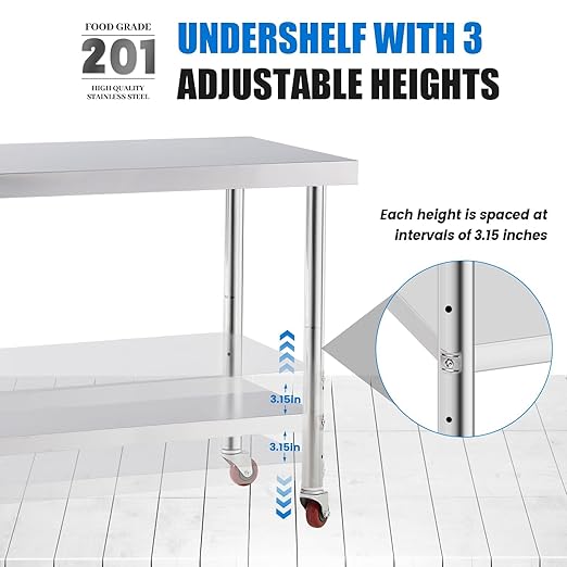 Stainless Steel Table for Prep & Work with 4 Caster Wheels with Undershelf 30 x 36 NSF Metal Commercial Kitchen Adjustable Under Shelf Worktable for Restaurant Home Outdoor