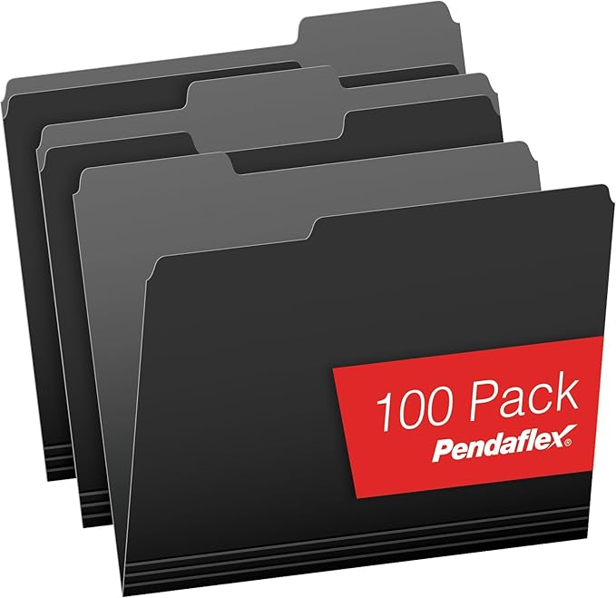 Pendaflex File Folders Letter Size - 1/3-Cut Tab -Interior Folders for Documents - Black - 100 Per Box
