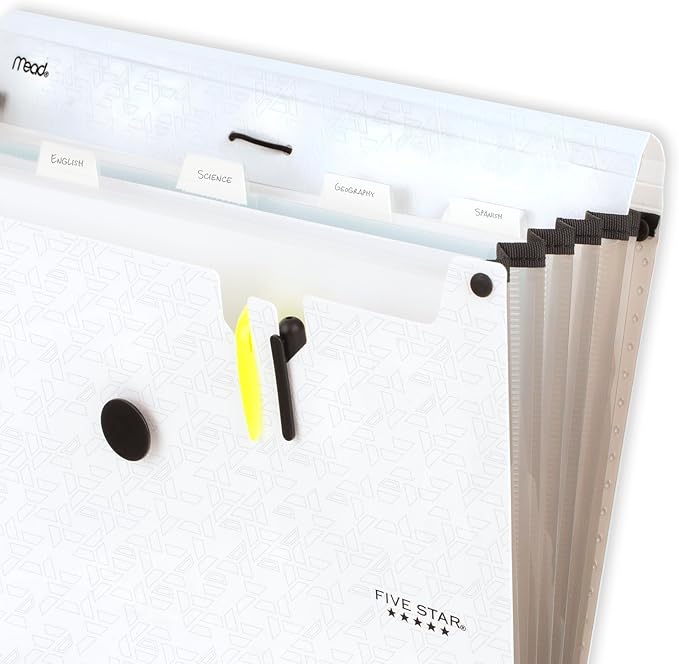 Five Star Expanding File Organizer, 6-Pocket Accordian File Organizer, Bungee Closure, Holds 11" x 8-1/2", White (350100E-ECM)