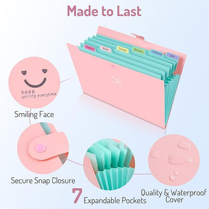 Forvencer Accordion File Organizer, Letter Size, 7 Pocket Expanding File Folder, Cute File Folder with Labels, Portable File Organizer for School Office Supplies, Folders for Documents, Pink