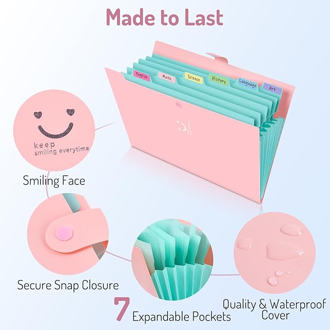 Forvencer Accordion File Organizer, Letter Size, 7 Pocket Expanding File Folder, Cute File Folder with Labels, Portable File Organizer for School Office Supplies, Folders for Documents, Blue