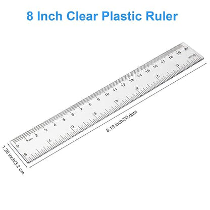 2 Pack - 8 inch Clear Plastic Ruler Straight Shatterproof Transparent Rulers for Office Supply (Clear)