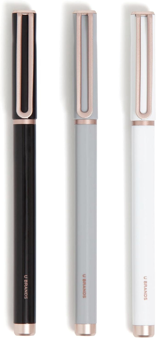 U Brands Catalina Felt Tip Pens, Set of 3, Classic Designs with Rose Gold Hardware, Medium (0.7 mm) Point, Black Ink