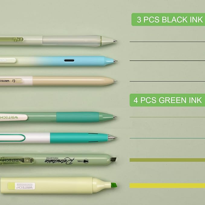 WRITECH Gel Pens Journaling Highlighters: Journal Set Aesthetic Assorted Pastel Color Ink 0.5mm Fine Point Retractable 0.7mm Black Pen Smooth Writing Drawing No Bleed 7ct (Green)