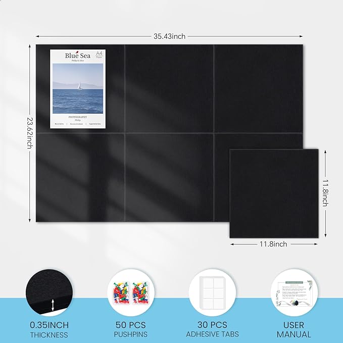 Large Cork Bulletin Board for Wall 36"x24", 6 Pack Felt Wall Tiles with 50 Pushpins, 30 Safe Removable Adhesive Tabs, Decorative Pin Board Tack Board for Office Home School, Black