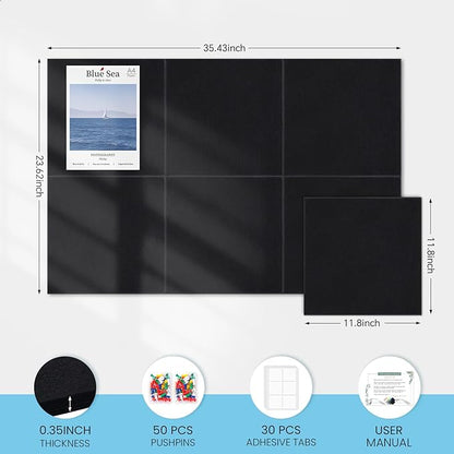 Large Cork Bulletin Board for Wall 36"x24", 6 Pack Felt Wall Tiles with 50 Pushpins, 30 Safe Removable Adhesive Tabs, Decorative Pin Board Tack Board for Office Home School, Black