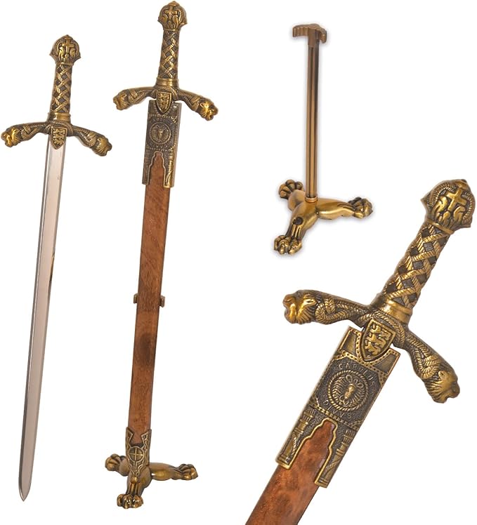 11" Metal Excalibur Sword Stainless Steel Letter Opener with Stand,Medieval Vintage Gold Handle,Mini Sword,Lightweight Hand Envelope Slitter,Special Gift