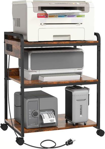 3 Tier Large Printer Stand with Wheels, 25.2 x 18.9 Inch Printer Stand with Power Outlet USB Port, Printer Table with Adjustable Storage Shelf for Home Office, Rustic Brown