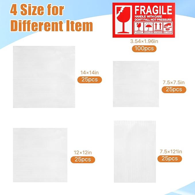 100 Pcs Foam Pouches, 4 Size Thicken Cushion Foam Pouches, Packing Moving Supplies Foam Sheets for Packing with Fragile Labels (14 x 14 Inch, 12 x 12 Inch, 12 x 7.5 Inch, 7.5 x 7.5 Inch)