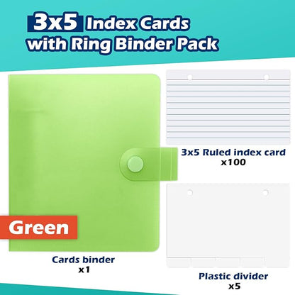 3x5 Lined Index Cards with Ring Binder Holder and Dividers, 100 Ruled Cards, Green