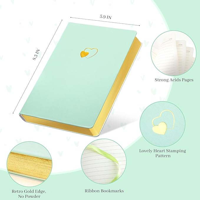 CAGIE Lined Journal Notebook for Women and Girls 256 Pages Cute Diary with Heart-Shaped Leather Journals for Writing A5 Soft Cover Notebooks for Work School (Fruit Green, A5)