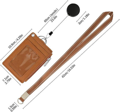 Cute ID Badge Holder Retractable Lanyard Reel Clip with Heavy Duty Carabiner, 5 Card Slots in 2 Sided with Key Ring and Zipper for Students Teens Boys Girls Office Staff Women (Brown)