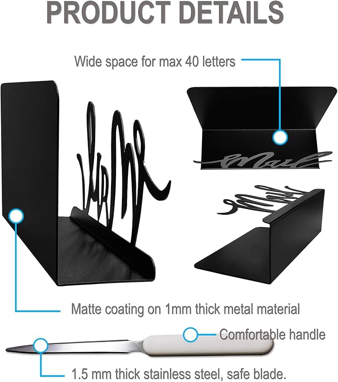Black Metal Mail Holder, Countertop Letter Organizer with Letter Opener, Office Desktop Envelope Rack, Tabletop Document Stand (Art)