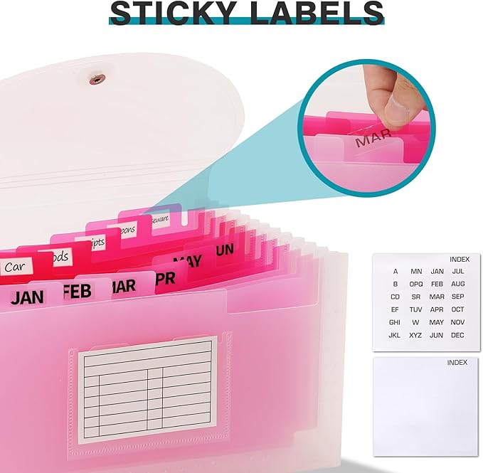 H4D Check Size 13 Pocket Expanding File Folder, Accordion File Organizer Wallet Case for Coupon Receipt Storage, 10 x 5.5 inches, Pink