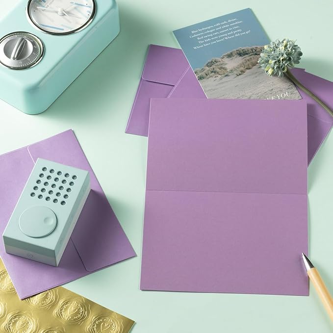 Wishop 50 Pack Shiny Self-Adhesive Envelopes with Shiny Fold Cards for Wedding Invitations, Greeting Cards, Baby Shower, Letter Mailing (Light Purple, 5x7)