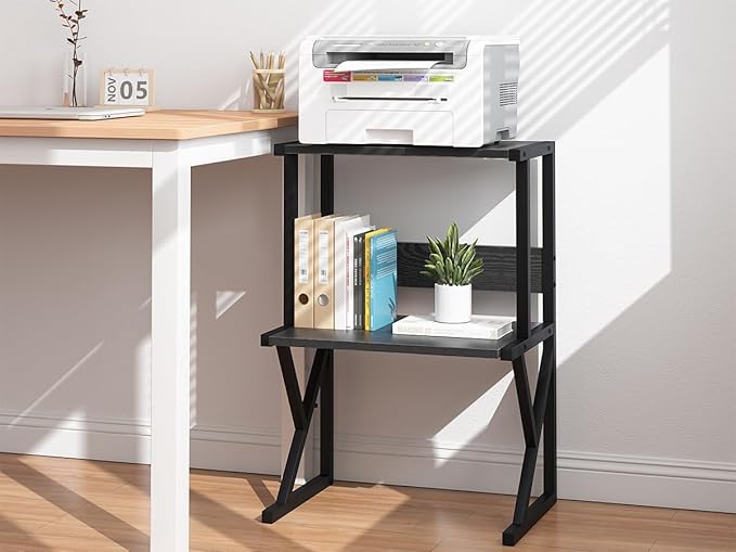 aboxoo Desktop Printer Stand with 3 Tier Wood Storage Shelves,Under Desk Printer Table,Multi-Purpose Home Office Desk Organizer for Fax Machine, Scanner (Black)