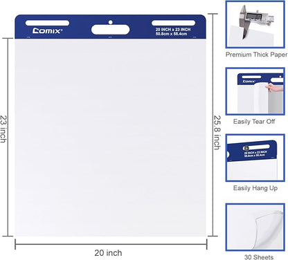 Comix Sticky Easel Pad, 20 x 23 Inches Flip Chart Paper for Teachers, Large Self Stick Easel Paper, 30 Sheets/Pad, 6 Pads/Pack