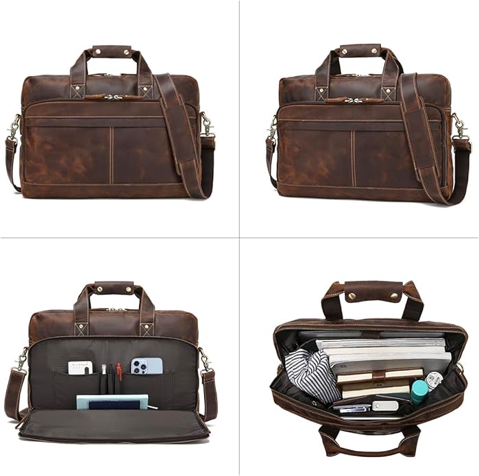 Full Grain 17.3" Leather Briefcase Messenger Laptop Bag For Men