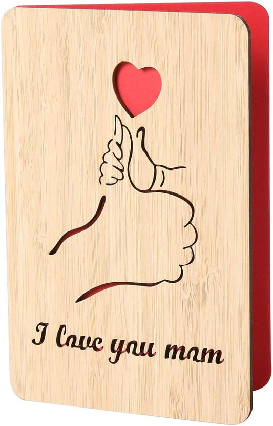 Wood Christmas Greeting Card for Mom,I Love You Mom Birthday Card,Handmade Bamboo Gift for Mom/Her/Wife