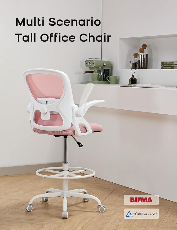 Drafting Chair Tall Office Chair with Flip-up Armrests Ergonomic Computer Standing Desk Chair with Comfy Lumbar Support and Adjustable Footrest Ring for Bar Height Desk(White-Pink)